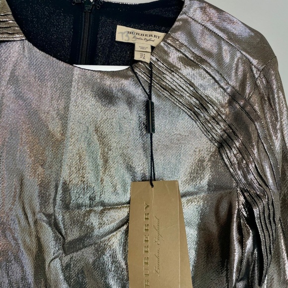 NWT Burberry Long-Sleeve Gold Metallic Ruffle-Trim Dress size US 2 - Picture 8 of 16